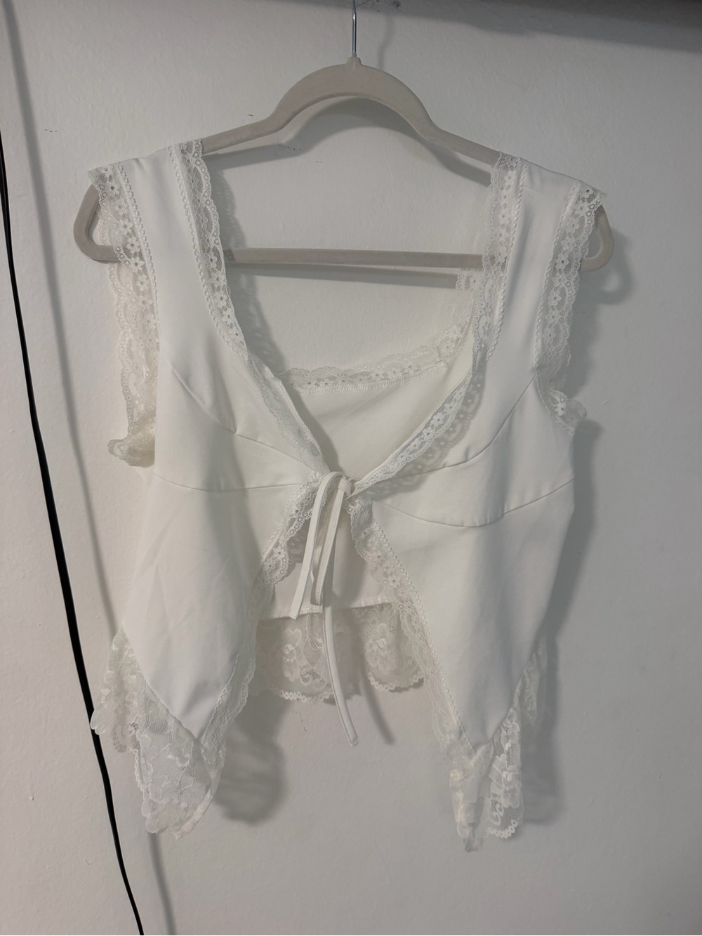 Lace-Trim White Tie-Front Women's Top